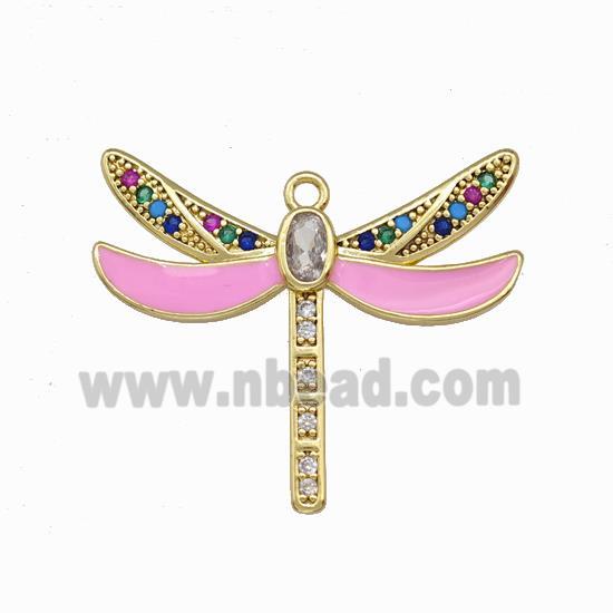 Copper Dragonfly Pendant Pave Zirconia Pink Enamel Gold Plated
