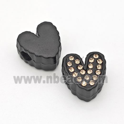 Black Resin Heart Beads Micro Pave Rhinestone Large Hole