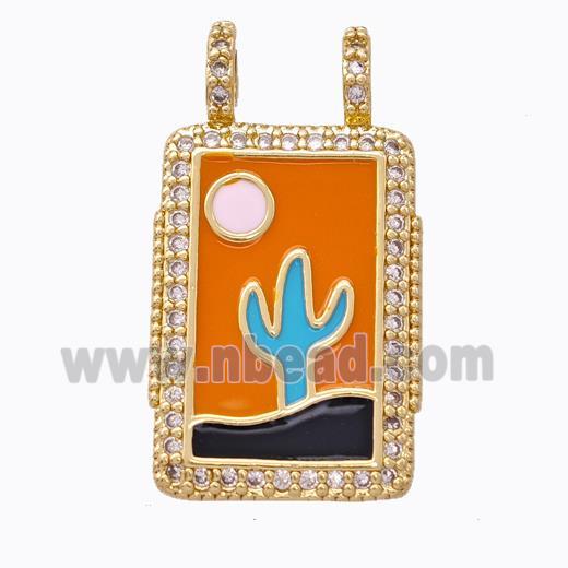 Copper Tarot Card Pendant Pave Zirconia Moon Cactus Orange Enamel 2loops Gold Plated