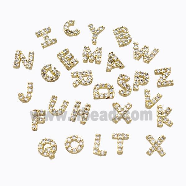 Copper Alphabet Beads Pave Zirconia Without Hole Gold Plated Mixed