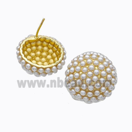Copper Stud Earrings Micropave Pearlized Resin Button Gold Plated