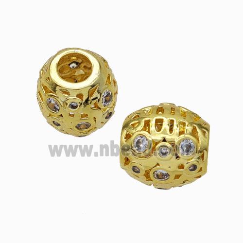 Copper Barrel Beads Micropave Zirconia Large Hole Gold Plated
