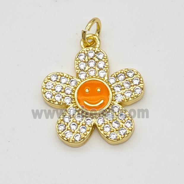 Copper Sunflower Pendant Pave Zirconia Orange Enamel Smileface Gold Plated