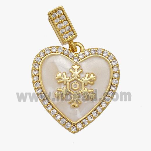 Copper Heart Pendant Pave Zirconia White Enamel Snowflake Gold Plated