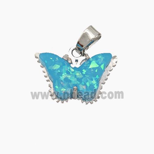 Copper Butterfly Pendant Pave Aqua Fire Opal Platinum Plated