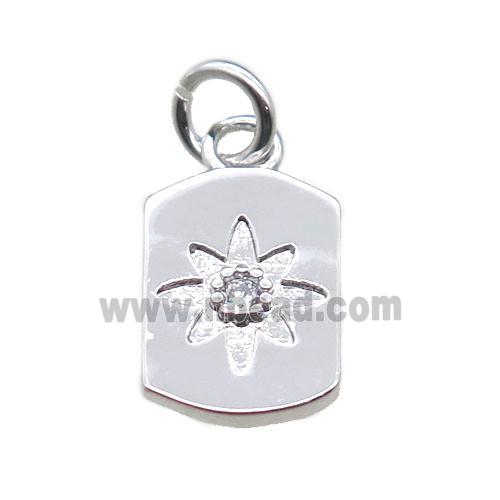 copper rectangle pendant paved zircon with flower, platinum plated