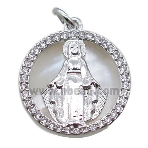copper circle pendant pave zircon with shell virgin mary, platinum plated