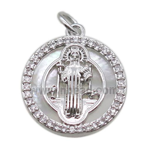 copper circle pendant pave zircon with shell virgin mary, platinum plated