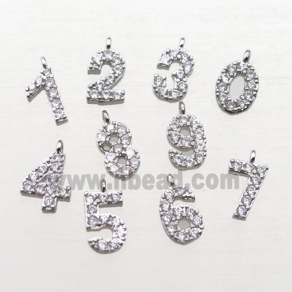 copper number pendant paved zircon, platinum plated