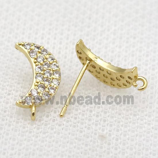 copper Studs Earrings paved zircon, moon, gold plated