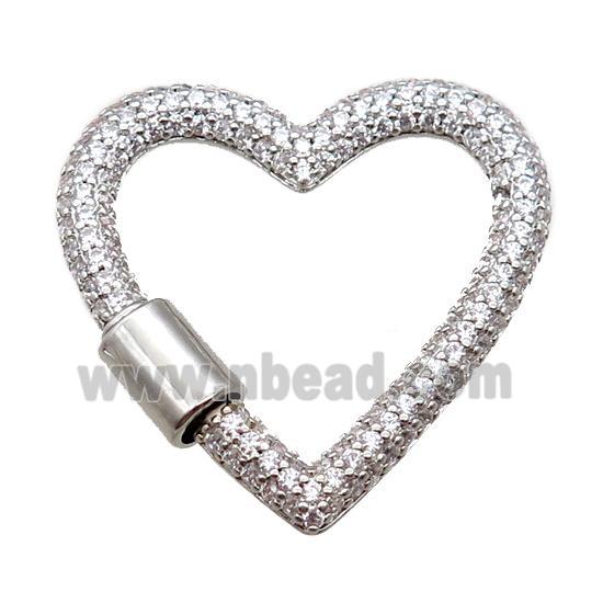 copper heart carabiner lock pendant paved zircon, screw, platinum plated