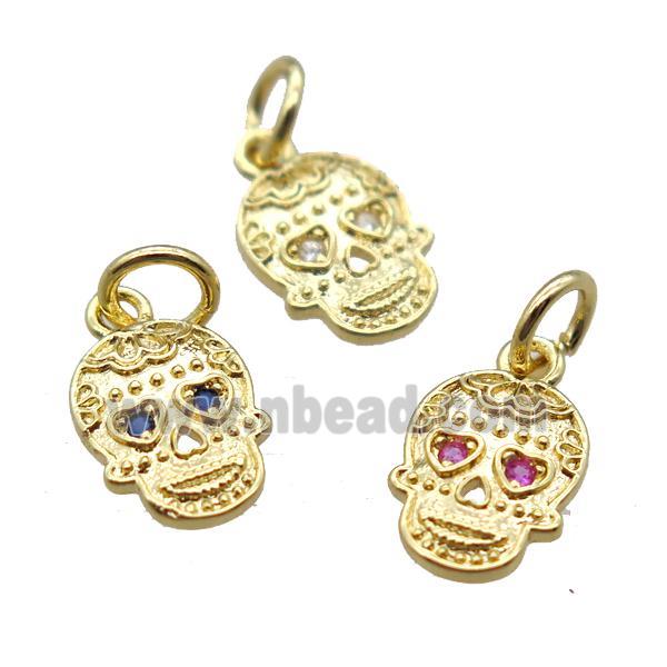 copper skull pendant paved zircon, gold plated, mixed