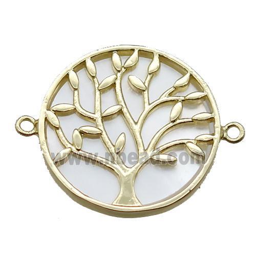 copper circle connector, tree of life, shell backing, gold plated