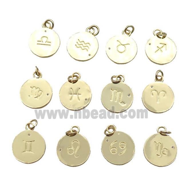 copper circle pendant with mix Zodiac, gold plated