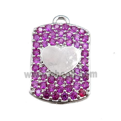 copper rectangle pendant pave hotpink zircon, heart, platinum plated