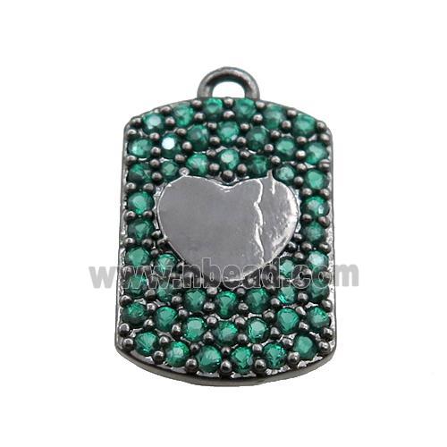 copper rectangle pendant pave green zircon, heart, black plated