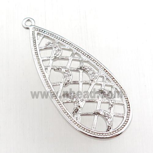 copper teardrop pendant pave zircon, platinum plated