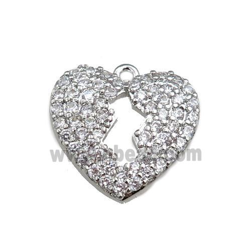 copper heart pendant paved zircon, platinum plated