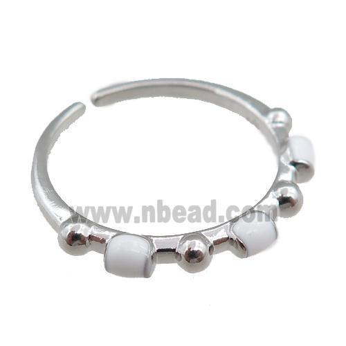 copper Rings with white enameled, adjustable, platinum plated
