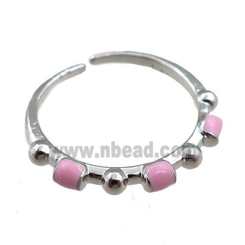 copper Rings with pink enameled, adjustable, platinum plated