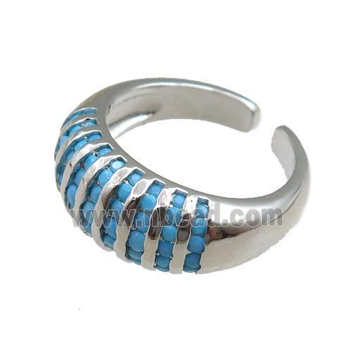 copper Rings pave blue zircon, adjustable, platinum plated
