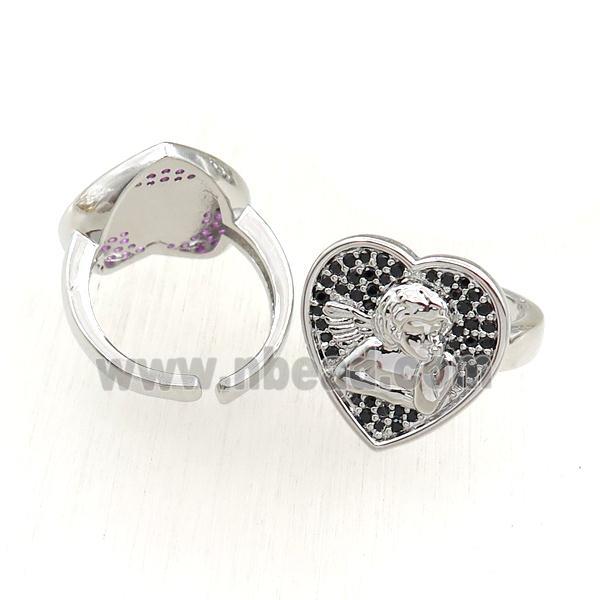 copper Rings pave black zircon, heart, adjustable, platinum plated