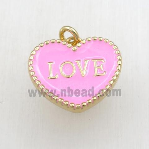 copper heart LOVE pendant with pink enameling, gold plated