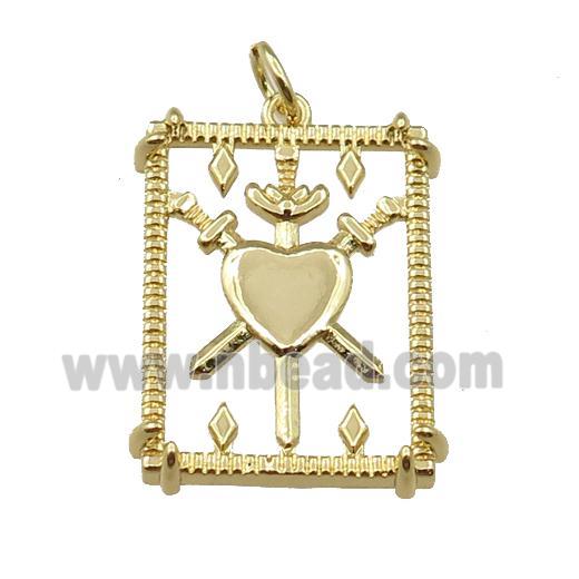 copper rectangle pendant, three sword, gold plated