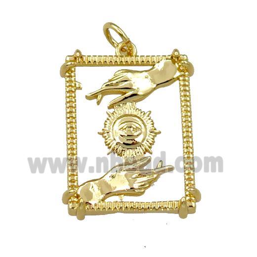 copper rectangle pendant, hand eye, gold plated