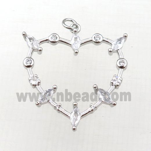 copper heart pendant pave zircon, platinum plated