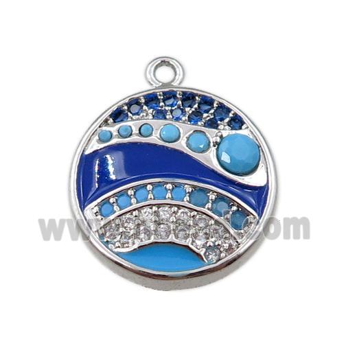 copper circle pendant pave zircon, wave, platinum plated