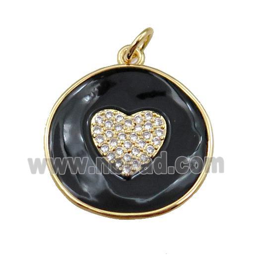 copper circle pendant pave zircon with black enameled, heart, gold plated