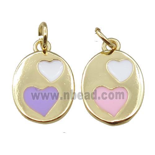 copper oval pendant with double heart, enamel, mixed, gold plated
