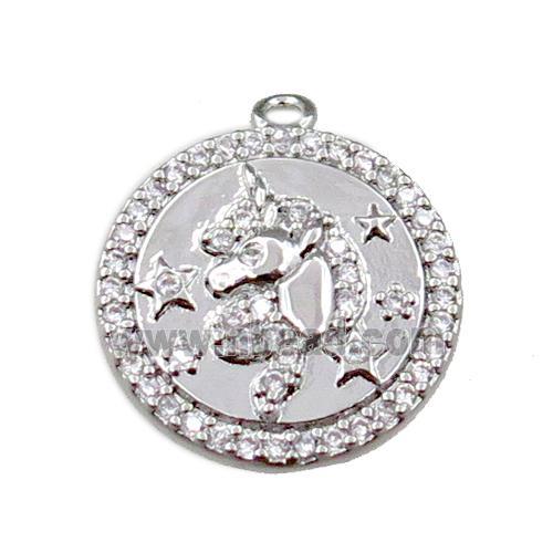 copper circle pendant pave zircon, platinum plated