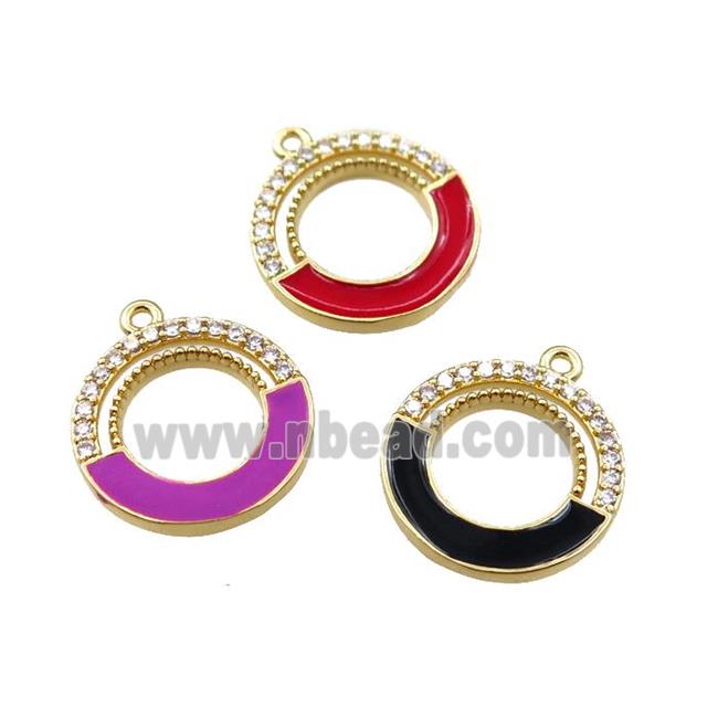 copper circle pendant pave zircon with enameled, mixed, gold plated
