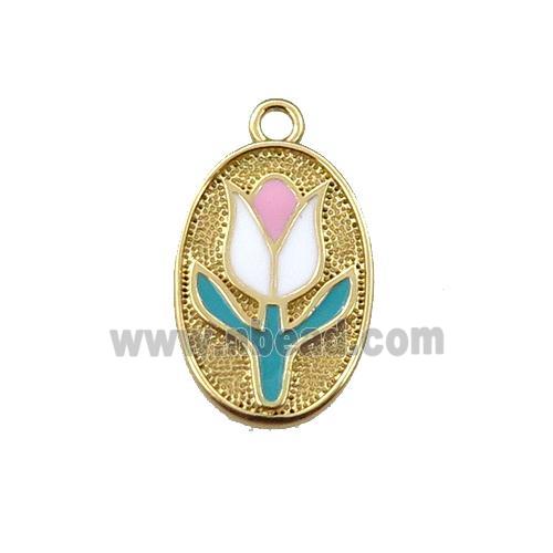 copper lotus pendant, oval, enameling, gold plated