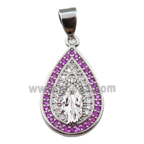 copper teardrop pendant pave zircon, jesu, platinum plated