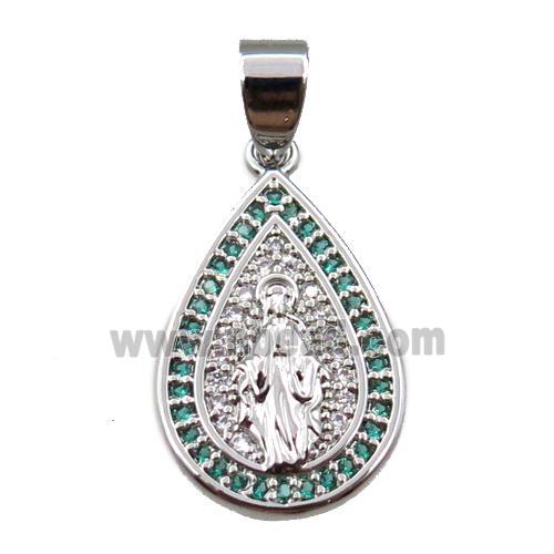 copper teardrop pendant pave zircon, jesu, platinum plated