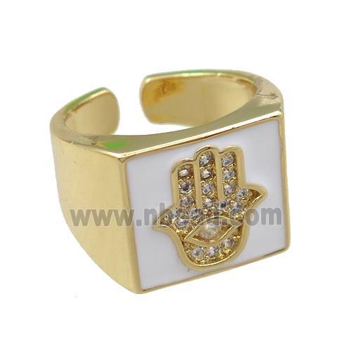 copper Rings with white enameled, hamsahand, adjustable, gold plated