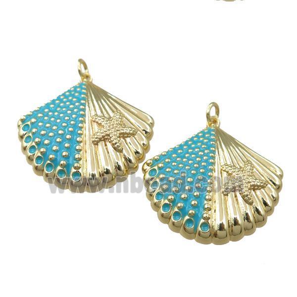 copper pendant with blue enameled, shell shaped, gold palted
