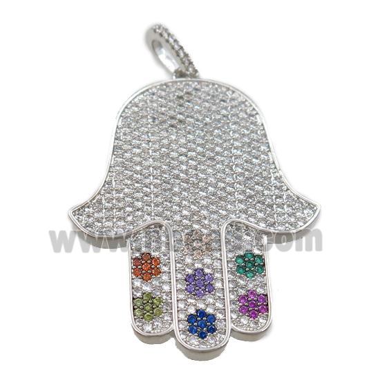 copper hamsahand pendant pave zircon, platinum plated