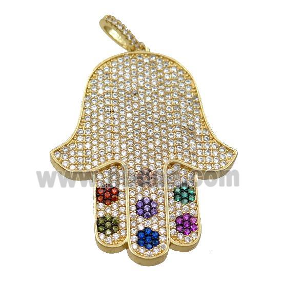 copper hamsahand pendant pave zircon, gold plated