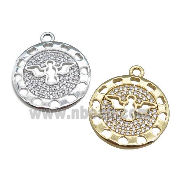 copper circle pendant pave zircon with angel, mixed