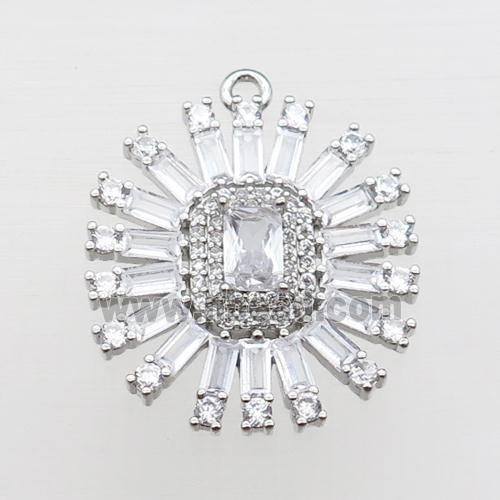 copper sunflower pendant pave zircon, platinum plated