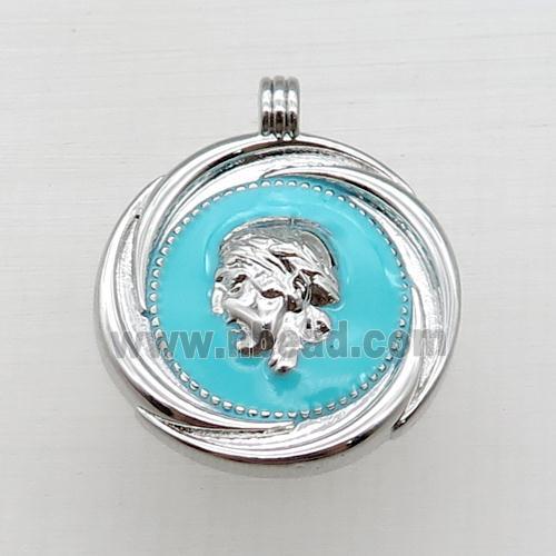 copper circle pendant, enameled, platinum plated