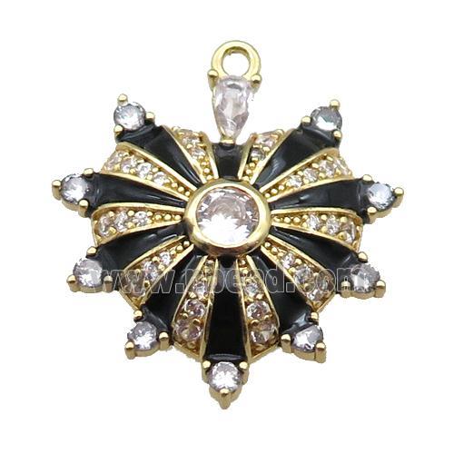 copper heart pendant pave zircon, black enameled, gold plated