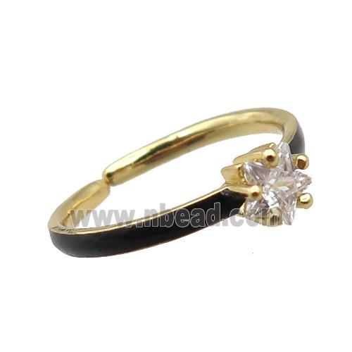 copper Rings paved star zircon, black enameled, adjustable, gold plated