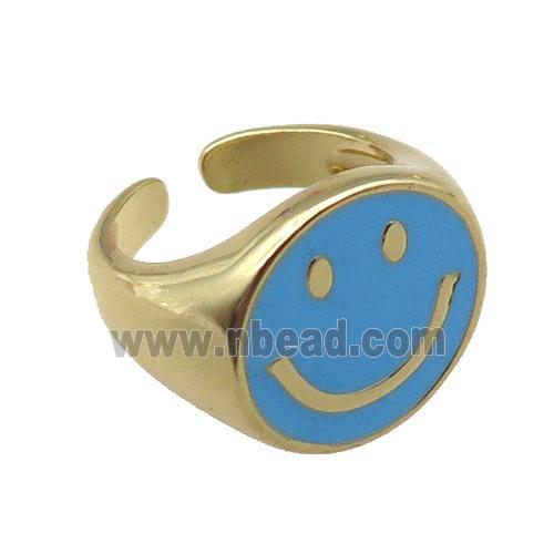 copper rings with blue enameled smileface emoji, adjustable, gold plated