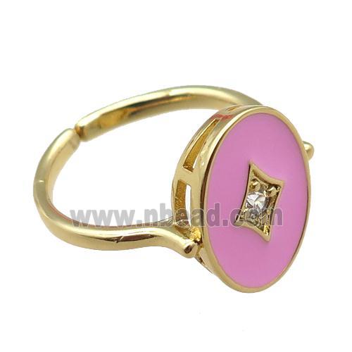 copper rings with pink enameled, adjustable, gold plated