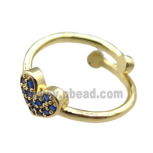 adjustable copper ring with heart pave blue zircon, gold plated
